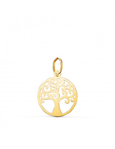18K COLGANTE AMULETO  ORO AMARILLO REDONDO ARBOL DE LA VIDA EN BRILLO 14 MM