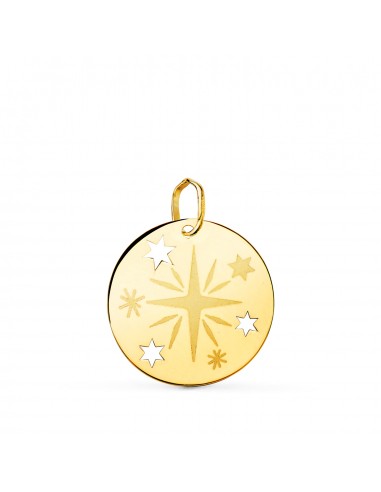 18K COLGANTE AMULETO ORO AMARILLO REDONDO ROSA DE LOS VIENTOS GRABADA EN BRILLO 18 MM