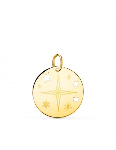18K COLGANTE AMULETO ORO AMARILLO REDONDO ROSA DE LOS VIENTOS GRABADA EN BRILLO 18 MM