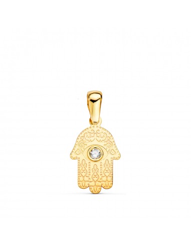 18K COLGANTE AMULETO ORO AMARILLO MANO DE FATIMA TALLADA CIRCONITA 13 X 8MM