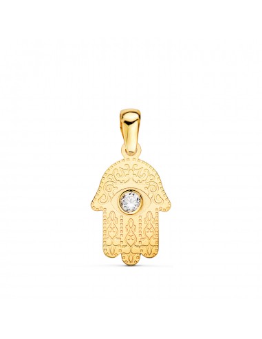 18K COLGANTE AMULETO  ORO AMARILLO MANO DE FATIMA TALLADA CIRCONITA 15 X 9MM