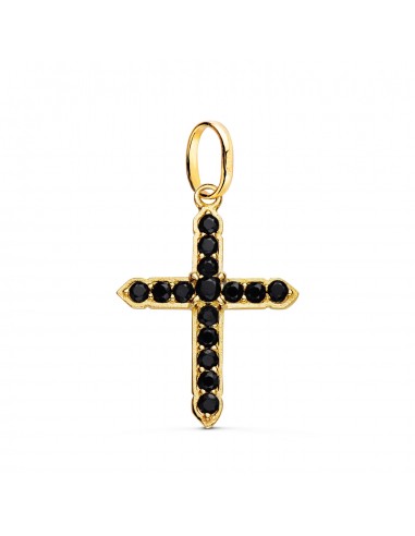 18K CRUZ ORO AMARILLO CON 15 CIRCONITA NEGRAS EN GARRAS. 24 X 18 MM