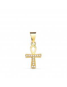 18K CRUZ DE LA VIDA EGIPCIA ORO AMARILLO CON CIRCONITA BLANCAS. 14 X 8 MM AMULETO EGIPCIO ANKH