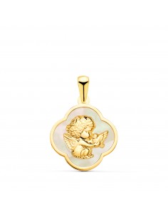 18K COLGANTE ORO AMARILLO TREBOL CON ANGEL BURLON Y NACAR BLANCO 17 X 17 MM