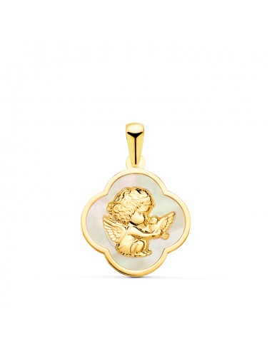 18K COLGANTE ORO AMARILLO TREBOL CON ANGEL BURLON Y NACAR BLANCO 17 X 17 MM