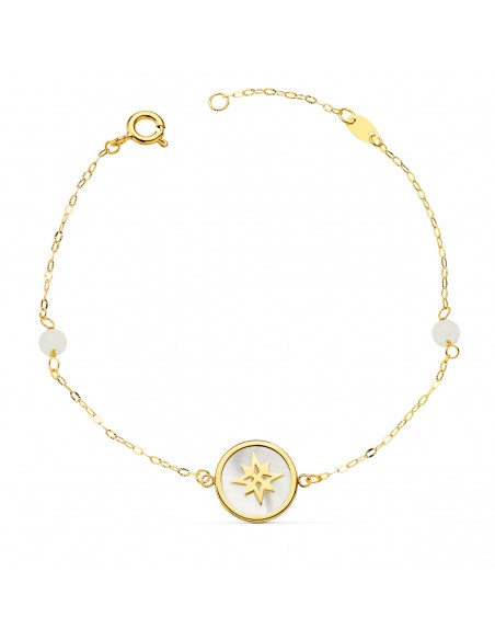 PULSERA NÁCAR Y ROSA DE LOS VIENTOS 12 MM Y BOLAS JADE 4 MM. CADENA 18 + 2,5 CM