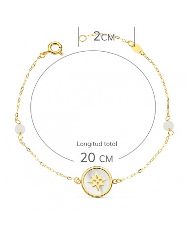 PULSERA NÁCAR Y ROSA DE LOS VIENTOS 12 MM Y BOLAS JADE 4 MM. CADENA 18 + 2,5 CM