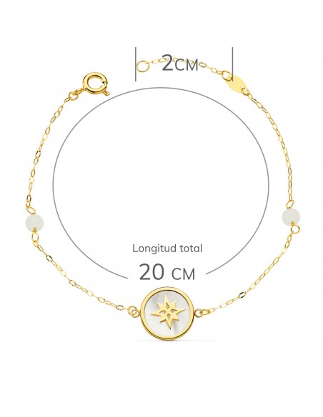 PULSERA NÁCAR Y ROSA DE LOS VIENTOS 12 MM Y BOLAS JADE 4 MM. CADENA 18 + 2,5 CM