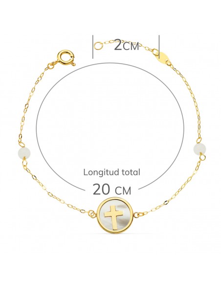 PULSERA ORO AMARILLO NÁCAR CON CRUZ 12 MM Y BOLAS JADE 4 MM. CADENA 18 + 2,5 CM