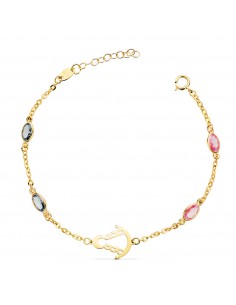 18K PULSERA ORO AMARILLO SILUETA VIRGEN ROCIO 14X11 MM CON CIRCONITAS ROSAS Y AZULES. LARGO: 15   3 CM