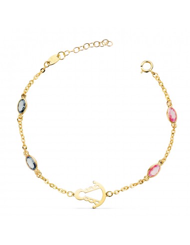 18K PULSERA ORO AMARILLO SILUETA VIRGEN ROCIO 14X11 MM CON CIRCONITAS ROSAS Y AZULES. LARGO: 15   3 CM