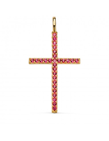 18K CRUZ ORO AMARILLO CON CIRCONITA ROJAS 37 X 19 MM. ANILLA FIJA