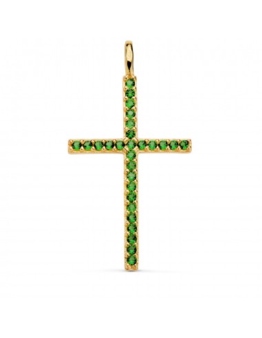 18K CRUZ ORO AMARILLO CON CIRCONITA VERDES 37 X 19 MM. ANILLA FIJA