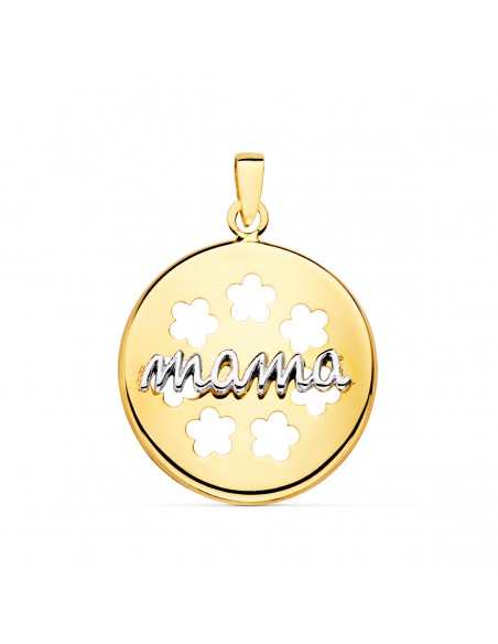 18K COLGANTE ORO BICOLOR REDONDO CON FLORES CALADAS. 18 MM.