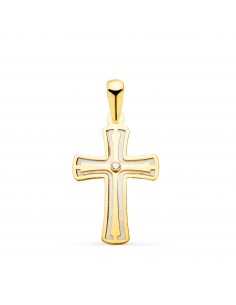 18K CRUZ ORO AMARILLO CON NACAR Y CIRCONITA 20 X 12 MM