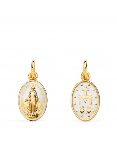 18K MEDALLA ORO AMARILLO VIRGEN MILAGROSA OVAL ESMALTE BLANCO. MEDIDA: 16 X 10 MM