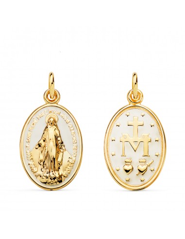 18K MEDALLA ORO AMARILLO VIRGEN MILAGROSA OVAL ESMALTE BLANCO. MEDIDA: 20 X 14 MM
