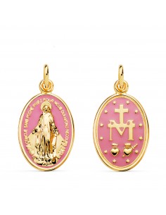 18K MEDALLA ORO AMARILLO VIRGEN MILAGROSA OVAL ESMALTE ROSA. MEDIDA: 20 X 14 MM