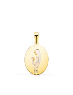 18K MEDALLA ORO AMARILLO VIRGEN MADRE OVAL CON NACAR BLANCO EN BRILLO. MEDIDA: 15X12 MM