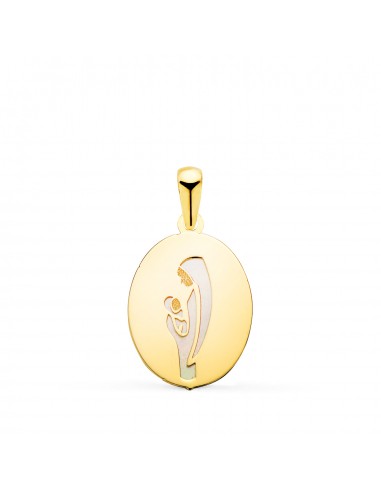 18K MEDALLA ORO AMARILLO VIRGEN MADRE OVAL CON NACAR BLANCO EN BRILLO. MEDIDA: 15X12 MM
