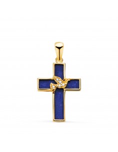 18K CRUZ ORO AMARILLO LAPIZLAZULI Y PAJARO CON CIRCONITAS. MEDIDA: 19 X 12 5 MM