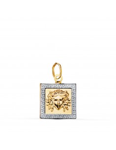 18K COLGANTE ORO AMARILLO MEDUSA CUADRADO BORDE CON GRECA. MEDIDA: 12X12 MM