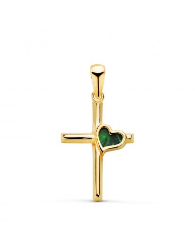 18K CRUZ ORO AMARILLO CON CORAZON DE MALAQUITA. MEDIDA: 18 X 12 MM