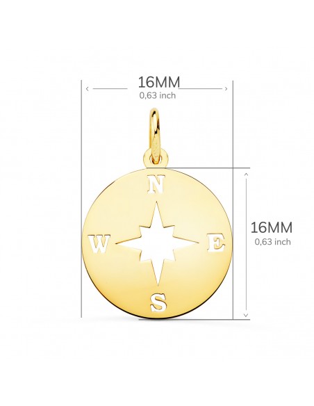 18K COLGANTE ORO AMARILLO ROSA DE LOS VIENTOS BRILLO Y CALADA. 16 MM