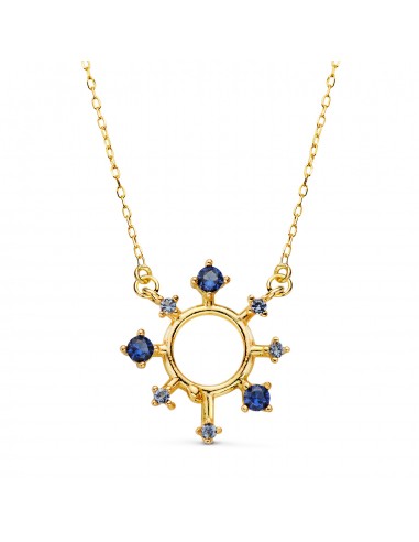 18K COLGANTE ORO AMARILLO RAYOS DE SOL Y CIRCONITAS AZULES 17X16 MM. CADENA FORZADA: 40-2 CM