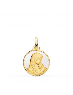 18K MEDALLA ORO AMARILLO VIRGEN MADRE AMOR MATERNAL ESMALTE BLANCO 16 MM