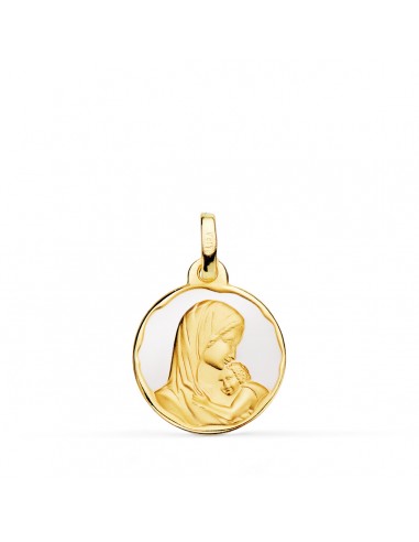 18K MEDALLA ORO AMARILLO VIRGEN MADRE AMOR MATERNAL ESMALTE BLANCO 16 MM