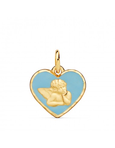 18K MEDALLA ORO AMARILLO CORAZON ANGELITO BURLON ESMALTE AZUL 14 MM C. AMOR