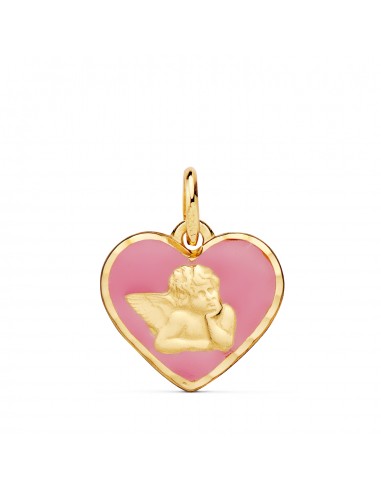 18K MEDALLA ORO AMARILLO CORAZON ANGELITO BURLON ESMALTE ROSA 14 MM C. AMOR