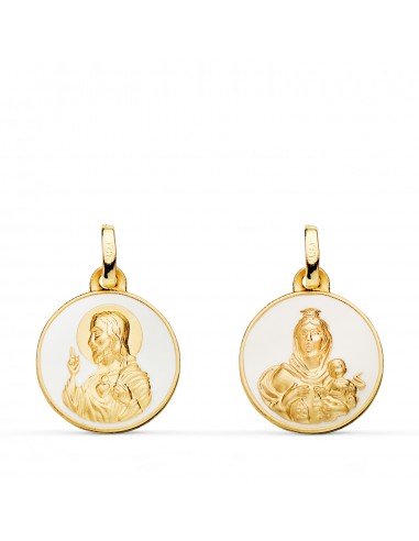 18K ESCAPULARIO ORO AMARILLO CORAZON DE JESUS Y VIRGEN DEL CARMEN ESMALTE BLANCO. 16 MM