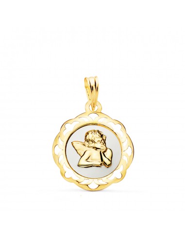 18K MEDALLA ORO AMARILLO ANGELITO BURLON ESMALTE BLANCO Y CERCO CALADO EN BRILLO 20X18 MM
