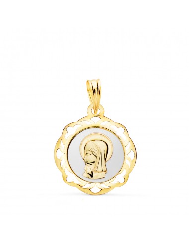 18K MEDALLA ORO AMARILLO VIRGEN NIÑA ESMALTE BLANCO Y CERCO CALADO EN BRILLO 20X18 MM
