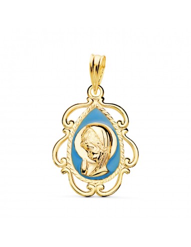 18K MEDALLA ORO AMARILLO VIRGEN NIÑA ESMALTE AZUL Y CERCO CALADO EN BRILLO 22X16 MM