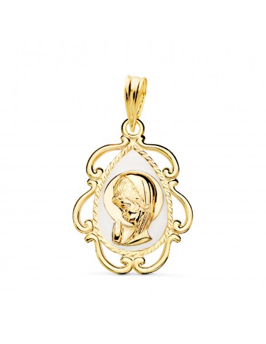 18K MEDALLA ORO AMARILLO VIRGEN NIÑA ESMALE BLANCO Y CERCO CALADO EN BRILLO 22X16 MM
