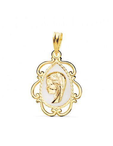 18K MEDALLA ORO AMARILLO VIRGEN NIÑA ESMALTE BLANCO Y CERCO CALADO EN BRILLO 22X16 MM