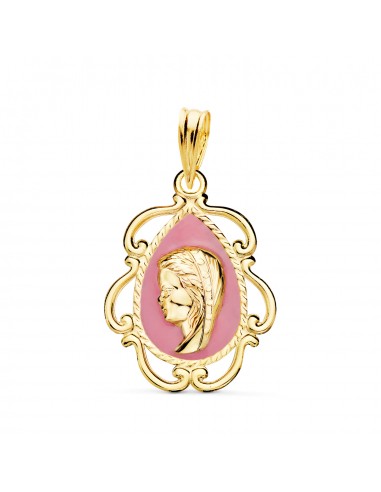 18K MEDALLA ORO AMARILLO VIRGEN NIÑA ESMALTE ROSA Y CERCO CALADO EN BRILLO 22X16 MM