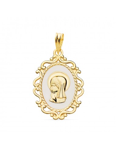 18K MEDALLA ORO AMARILLO VIRGEN NIÑA PERFIL ESMALTE BLANCO Y CERCO CALADO BRILLO 23X16 MM