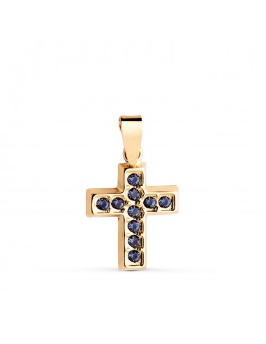 18K CRUZ ORO AMARILLO CON CIRCONITAS AZULES. MEDIDA: 13 5 X 10 MM