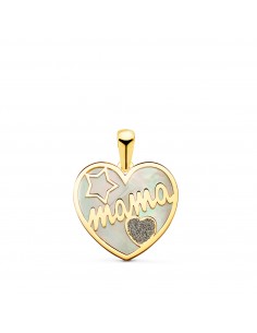 18K COLGANTE DE CORAZON ORO AMARILLO CON NACAR MAMA Y POLVO DE DIAMANTE 16X14MM