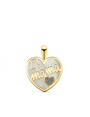 18K COLGANTE DE CORAZON ORO AMARILLO CON NACAR MAMA Y POLVO DE DIAMANTE 16X14MM