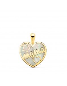 18K COLGANTE CORAZON ORO AMARILLO CON NACAR MAMA Y DIBUJO DE ESTRELLA Y CORAZON 16X14MM