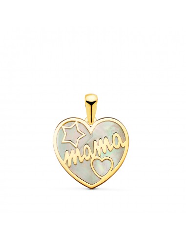 18K COLGANTE CORAZON ORO AMARILLO CON NACAR MAMA Y DIBUJO DE ESTRELLA Y CORAZON 16X14MM