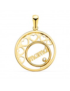 18K COLGANTE ORO AMARILLO CORAZONES Y CIRCULO CON MAMA 20 MM