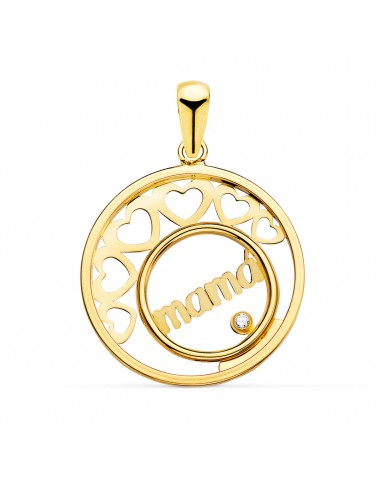 18K COLGANTE ORO AMARILLO CORAZONES Y CIRCULO CON MAMA 20 MM