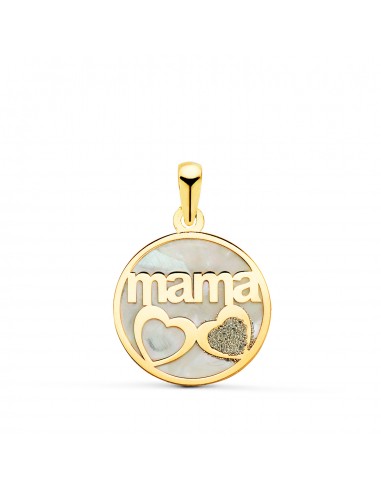 18K COLGANTE DE NACAR ORO AMARILLO  MAMA Y CORAZON CON POLVO DE DIAMANTE 16MM