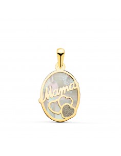 18K COLGANTE DE NACAR OVALORO AMARILLO MAMA CON CORAZONES Y POLVO DE DIAMANTE 17X13MM